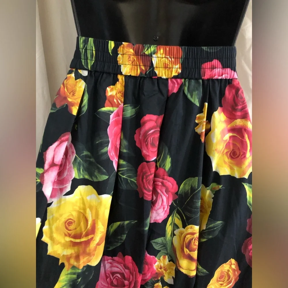 Joie black and yellow red pink roses print maxi cotton blend skirt size medium